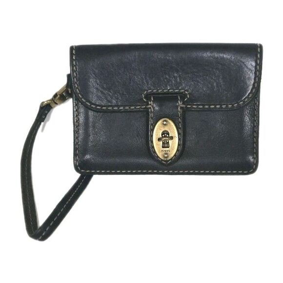 Vintage Fossil Genuine Black Leather Wristlet Brass Hardware Turn Lock Closure - Picture 1 of 8
